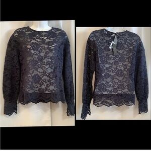 Adiva Top Women’s Size XS Lace Floral Sheer Drop Shoulder Navy